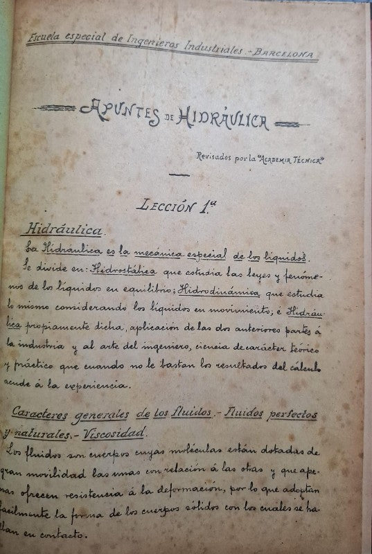 Escuela Especial de Ingenieros Industriales de Barcelona - Apuntes de Hidráulica (Lección 1ª)