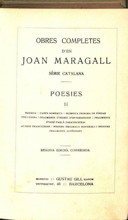 Obres Completes d'En Joan Maragall Poesies, II .