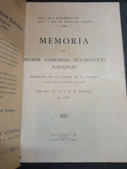 Mermoria del Primer Congreso Eucaristico Nacional Habana Febrero 1947.